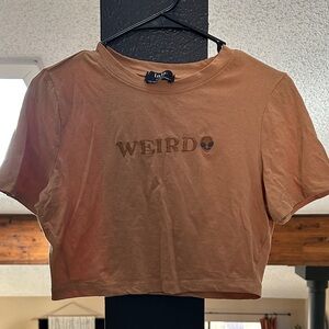 Dressed in LALA Tan Weirdo graphic baby doll crop top